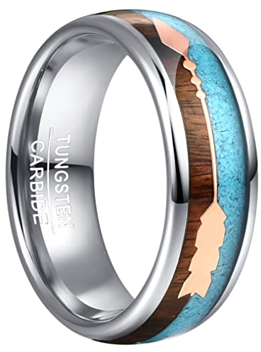 Vakki Wolfram Ring für Männer 8mm Silber Eheringe Hochzeitsring Vertrauensring Freundschaftsring mit Rose Gold Pfeil, Koa Holz und Türkis Inlay Größe 67(21.3)