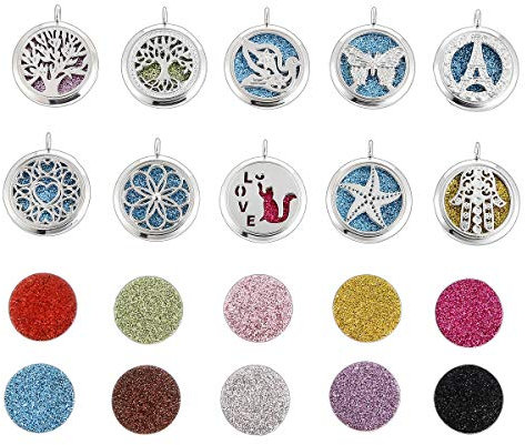 Vie Jeune 10pcs Mixed Tree of Life Butterfly Aroma Diffuser Charms Stainless Steel Tone Perfume Essential Oil Diffuser Necklace Pendant Locket Jewelry (Style 7), 30*35*12mm, Metal