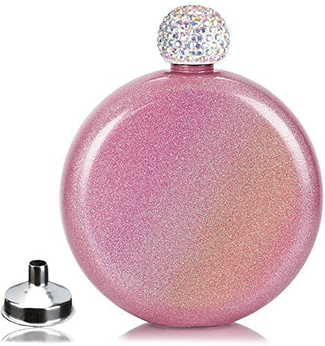 Cute Liquor Flask for Women, Junya 304 Stainless Steel,Pretty Glitter Coating Whiskey Flasks,Shining Rhinestone Cap,Portable Wine Flask for Drink Bar BBQS and Traveling,Capacity 5 oz (Pink)…
