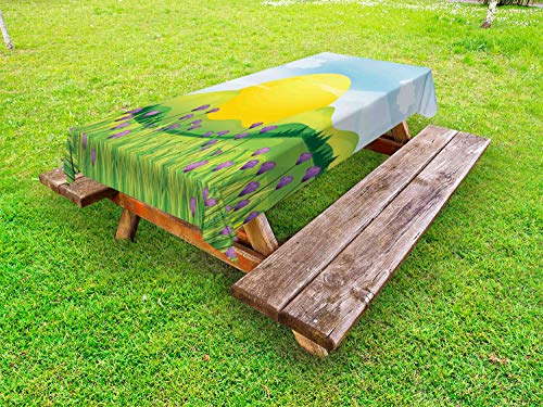 ABAKUHAUS Wolke Outdoor-Tischdecke, Berge mit Veilchen, dekorative waschbare Picknick-Tischdecke, 145 x 305 cm, Mehrfarbig