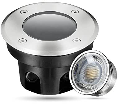 LongLife LED Bodeneinbaustrahler FLACH rund Set 1x Gartenstrahler 230V IP67 5W 3000K DIMMBAR 60° Gartenleuchte für die Bodenmontage Außenbereich Befahrbar…