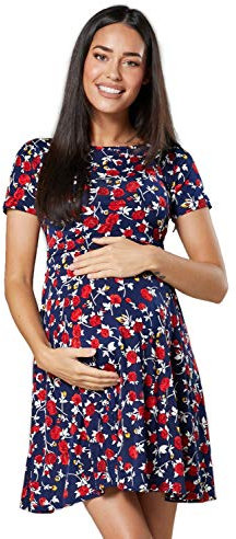 HAPPY MAMA. Maternité Robe d'allaitement Robe Trapèze Décolleté Carré.084p (Bleu Marine avec Petites Roses Rouges, 42, XL)