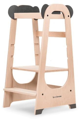 Beeloom - Torre di apprendimento Montessori in legno, PANDA TOWER, sgabello per attività per bambini grigio, con gradini regolabili in altezza a 3 livelli