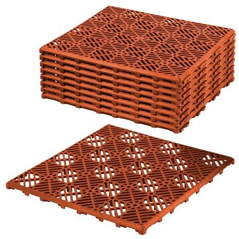 FiNeWaY 9pc Garden Plastic Tiles – Interlocking Non-Slip Walkway Floor Path Patio – Weatherproof – Decorate Garden Vegetable Plot Or Terrace (9pc Teracotta)