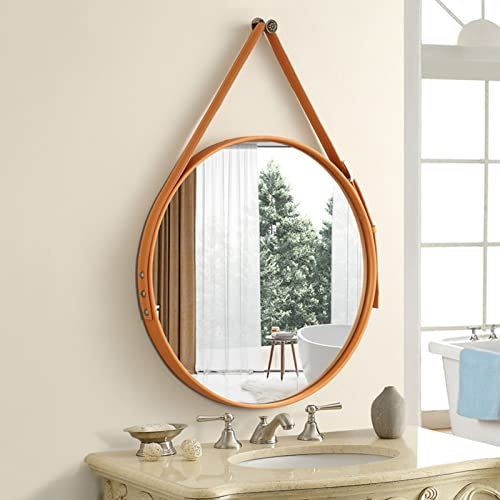 GWWGWW Wandspiegel WC Spiegel Runder Dekospiegel Mit Verstellbarer Lederband Flur Spiegel Badspiegel Für Eingangsbereiche Ø 60cm