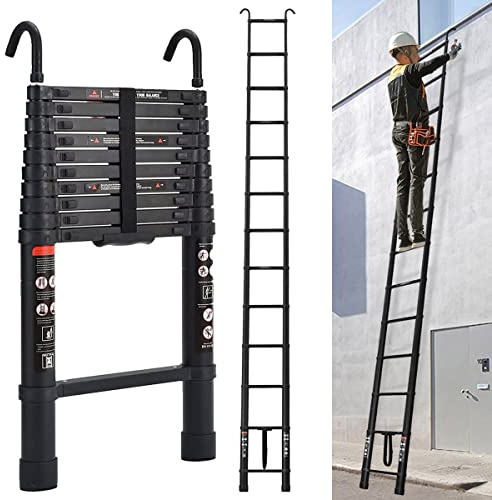 5M Teleskopleiter mit Haken, Rutschfester Ausziehleiter Klappleiter Schiebeleiter aus hochwertiges Alu, 13 Stufen Stehleiter Mehrzweckleiter, 150kg Belastbarkeit