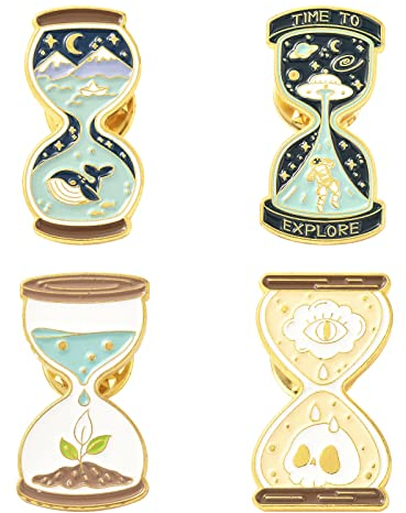 Beebeecraft 1 Box 4 Stil Emaille Anstecknadeln Set Gold Sanduhr Weltraum Ozean Totenkopf Brosche Pins für Rucksack Tücher Hüte Pullover Dekoration