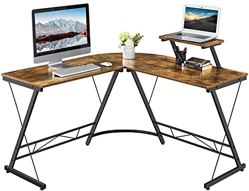 Yaheetech Bureau Gaming Bureau d'angle en L 130 x 130 cm Bureu Informatique Coin en Bois Pied en Métal Poste de Travail de Bureau Chambre