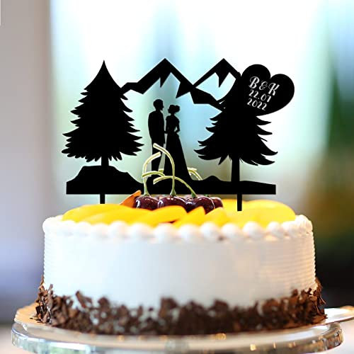 Alberi di montagna personalizzati Mr e Mrs Rustico Matrimonio Fidanzamento Cake Toppers Silhouette Personalizza Nome Est Data Spiaggia Sposa & Sposo Cake Toppers per Matrimonio Anniversario Forniture