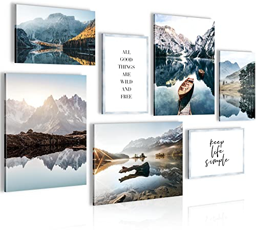 Novart Wandbilder See Berge blau - KOMPLETT AUFHÄNGFERTIG - Natur Wohnzimmer Schlafzimmer - 7 Moderne Mood-Bilder - N010471a