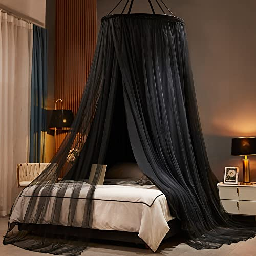 Padiouxs Luxuriöse Betthimmel-Vorhänge für Mädchen, Erwachsene, Kinder, doppellagig, Prinzessinnen-Betthimmel, runde Kuppelspitze, Netz für Doppelbett, Queen-Size-Bett (schwarz)