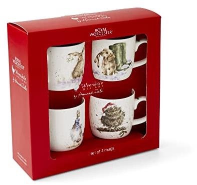 Wrendale Designs Set of 4 Christmas Mug Gift Box Collection Owl, Goose, Dog, and Hare, MMAC3969-XG, Multi Coloured, 0.3liters
