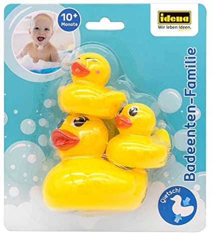Idena - Badespielzeug Set für Kinder, 3-teiliges Wasserspielzeug mit einer gelben Quietscheente und 2 kleineren Spritztier Enten