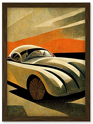 Doppelganger33 LTD Art Deco Vintage Sports Car Sunset Illustration Artwork Framed Wall Art Print A4