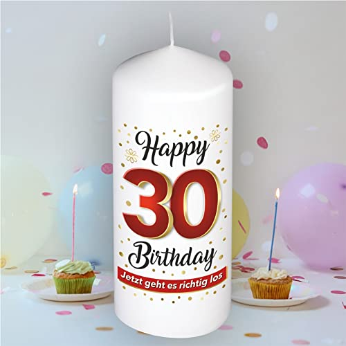 Stumpenkerze - Geburtstagskerze zum 30. Geburtstag, Happy Birthday - Für Dich | Motive auf Tattoofolie | Geschenkfolie und goldener Schleife | Kerze mit Geburtstagszahl Zahl in Geschenkverpackung…