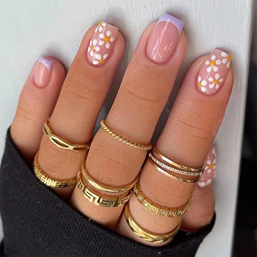 TMUT 24pcs French False Nails Purple Tip Short Stick on Nails Daisy Flwoers Press on Nails Square Removable Glue-on Nails Fake Nails Nail Art Accessories