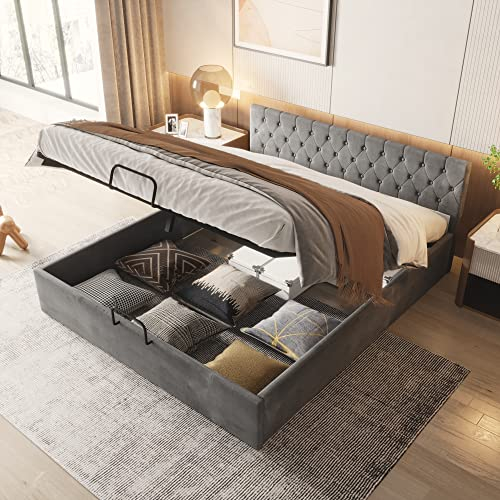 Merax Polsterbett mit Bettkasten, Hydraulisches Doppelbett 180 x 200 cm, Samt-Stoff Funktionsbett mit Lattenrost und Stauraum, Gepolsterter Bettrahmen mit Knopf-Kopfteil-Design, Einfacher Stil, Grau