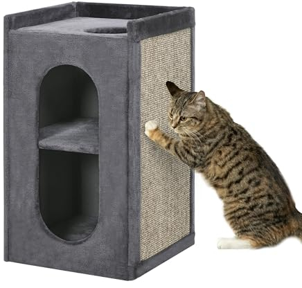 PawHut Kratztonne, Höhe 81 cm, Katzenkratzbaum mit 2 Höhlen, Kratzturm mit Kratzbrett, Katzenturm mit 2 Ebenen, Katzentonne für Katzen bis 6 kg, Dunkelgrau