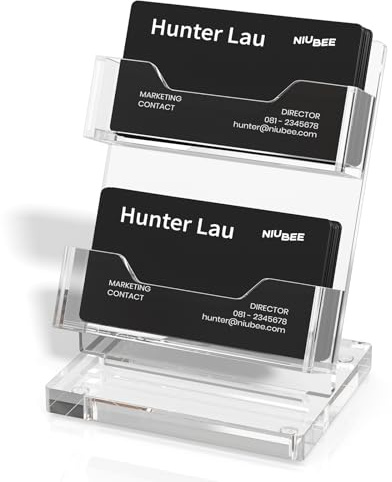 NIUBEE Acryl-Visitenkartenhalter für den Schreibtisch, 2 Ebenen, transparenter Visitenkartenständer, Visitenkarten-Display für Büroausstellung, Kapazität 130 Karten, 2 Steckplätze