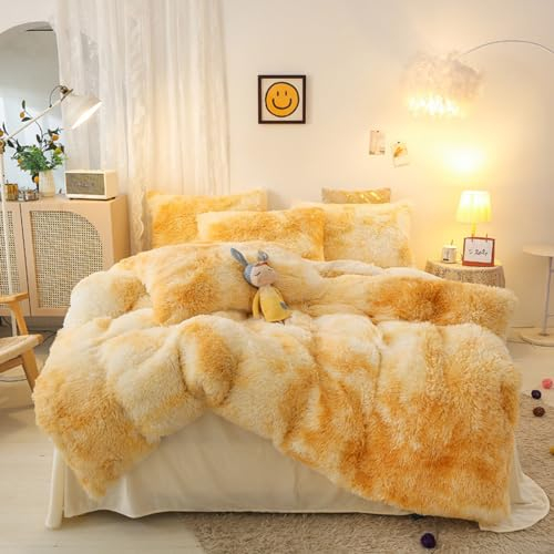 Tospass Plüsch Bettwäsche 135x200 cm Flauschig Warme Winter Langhaar Samt Bettwäsche Flanell Fleece Biber Gelb Bettwäsche Cashmere Touch Wende Bettbezug mit Reißverschluss 1 Kissenbezug 80x80cm