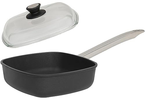 SKK 2-tlg. Bratpfanne 28x28 cm - ohne Induktion - quadratische Aluguss Hochrand-Pfanne - Stiel aus Edelstahl & Vollglas Deckel - Made in Germany