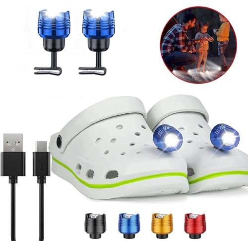 2 Stück wiederaufladbare blaue Scheinwerfer für Crock, wasserdichte LED-Taschenlampe für Schuhe, Clip auf Crock Light Attachment Charm, Zubehör für Camping, Radfahren, Wandern, 3 Lichtmodi, hält 72