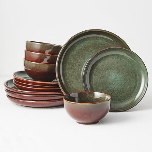Pokini Stoneware Dinnerware Sets Service for 4, 12 pcs Reactive Glaze Plates and Bowls Sets, Handmade Ceramic Dish Set, Highly Chip and Crack Resistant Modern Plate Set, Brown Green