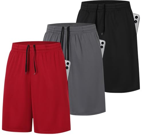 ZENGVEE 3 Pack Men's Running Shorts Gym Exercise Shorts Men with Pocket Quick Dry Sports Shorts for Workout Sport Training Tennis Basketball Quick Dry Short(0904-Black Grey Red-L)