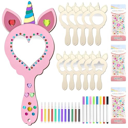 Ainiv 12 Stück Einhorn Bastelset, Holzspiegel zum Bemalen für DIY Kinder Malen, Mini Holz Prinzessin Spiege, Holz Basteln Kinder Creative Painted Mirrors für Mädchen Bastelset Mitgebsel Geschenk Party