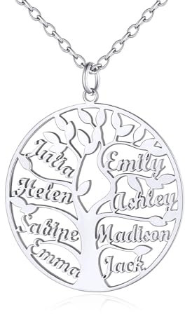 Custom4U Collier Arbre Généalogique Prenoms Gravure pour Femme Pendentif Arbre de Vie Prénom Bijoux Cadeau pour Famille
