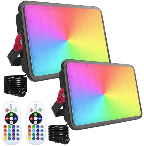 Indmird RGB LED Strahler 100W, 2 Stück RGB Strahle mit Fernsteuerung, IP66 Wasserdich RGB Fluter Farbwechsel Dimmbar Gartenbeleuchtung Partylichter für Garten Party Halloween Baum Stimmungslicht