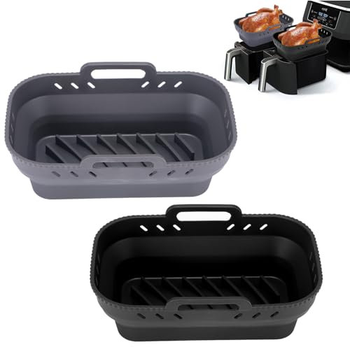 LTXDJ Silicone Air Fryer Liner, 8 PCS Air Fryer Accessories for Ninja Dual AF300UK AF400UK, Reusable Silicone Liner Dual Air Fryer Rack Tong Grill Tray Compatible with Oven Microwave (2 Pc-black+gray)