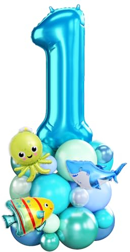 Luftballons 1. Geburtstag Junge Blau Ocean Zahlen 1 Folienballons für 1 Jahr Alt Geburtstags Deko mit Hai Fisch Shark 40 Zoll Groß Blau Grün unter dem Meer Tiere Eins Digit Ballon für Erster 1st Party