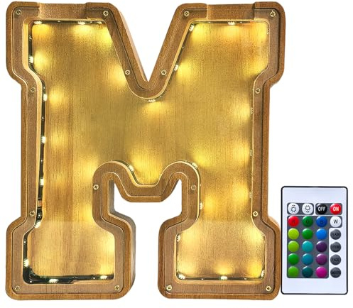 Holz Brief Schweinebank mit Licht 22,9 cm hoch, Kindersparkasse mit LED-Leuchten, Alphabet Münzglas (A-Z), Geburtstagsgeschenk für Kinder Briefbanken für Kinder (M)