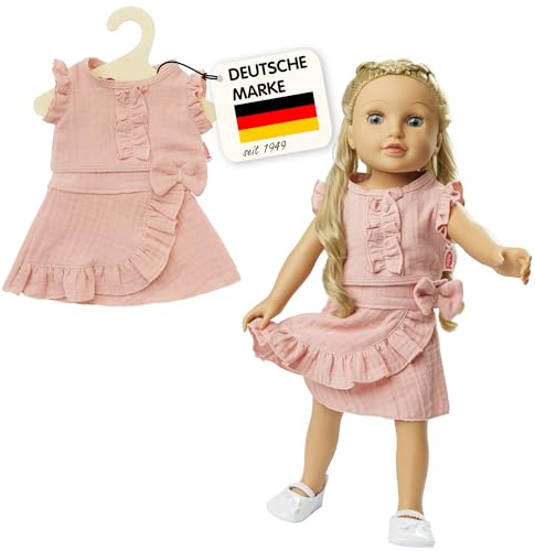 Heless 1423 - Puppenkleidung aus Musselin, 100% Bio-Baumwolle, 2-teiliges Set mit Wickelrock und Rüschen-Top in Rosa für Puppen und Kuscheltiere der Größe 28-35 cm