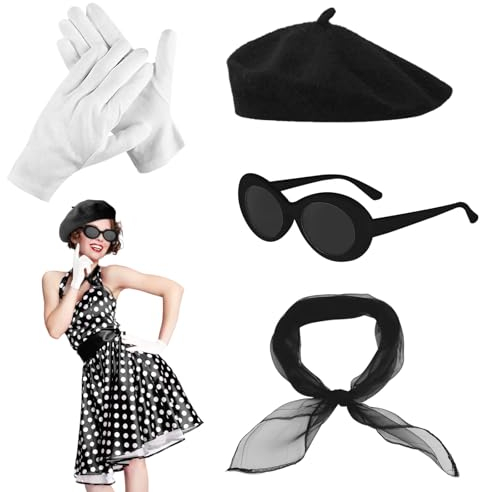 FUIPVGI 4 Stück Rockabilly Accessoires Damen, 50er Jahre Vintage Zubehör Set, 1950s Kostüm Set mit Schwarz Baskenmütze, Schal, Sonnenbrille, Handschuhe, 60er Jahre Kleidung für Retro Party