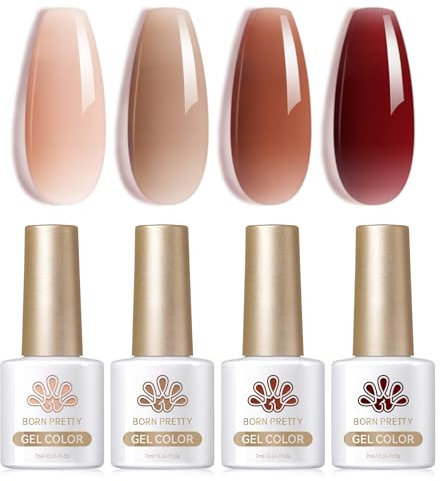 BORN PRETTY Jelly Brown Gel Nail Polish Set 4 Colors Nude Gel Polish Transparent Crystal Color Gel Nail Art Varnish Manicure Collection Gift Set 7ML