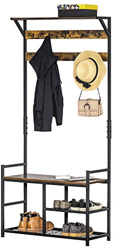 HOMCOM Porte-manteau avec étagère à chaussures, meuble d'entrée avec banc, 3 en 1, avec 3 étagères et 9 crochets, style industriel, pour entrée, couloir, 84 x 34,5 x 180 cm, marron et noir