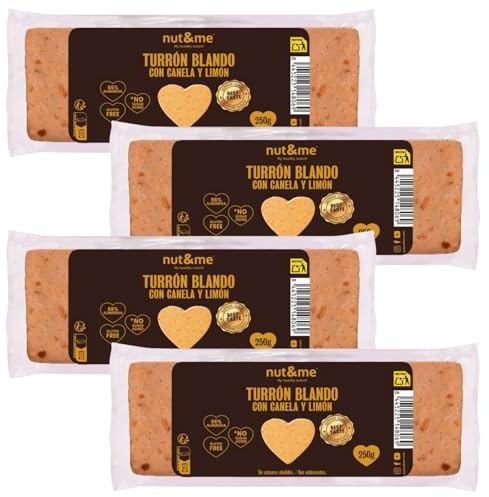 Turrón blando con canela y limon 1 kg nut&me | Dieta KETO | Sin azúcares añadidos | Vegetariano | Bajo en sal | Sin Gluten | Fuente de proteinas | Alto en fibras | Pack 4 x 250 gr