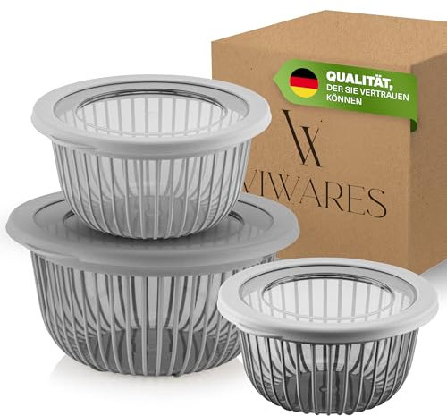 Viwares 3 Schüssel-Set mit Deckel stapelbar (6-teilig) - 1, 2, 3 L – BPA-frei– Für die Zubereitung von Teig und zum Servieren von Salaten, Brot, Gemüse, Rührschüssel Spülmaschinenfest, Grau