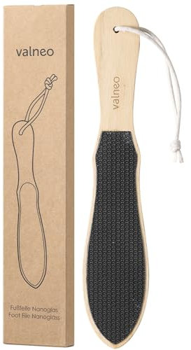 Valneo Nano Glass Foot File - Gentle Hard Skin Remover and Feet Scraper - Heel Scrubber Files for Home Pedicure and Callus Removal - with Ergonomic Wooden Handle and Hanging Cord