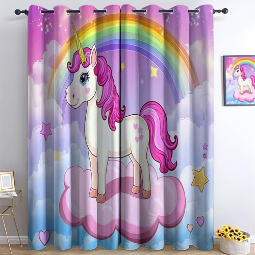 XCQHZYQ Vorhang Blickdicht Ösenvorhang Cartoon Regenbogen Einhorn Verdunklungsvorhänge mit Ösen Thermo Gardinen Dekoschal Dekogardinen für Schlafzimmer Wohnzimmer 2er Set H 229 x B 168 cm,
