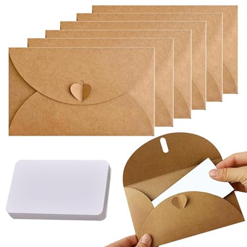 Kraftpapier Umschläge 30 Stück Mini Briefumschläge mit 30 Stück Karten, Klein Umschläge Mini Briefumschläge mit Herz Verschluss für Geldgeschenke DIY Dankeskarten Einladung