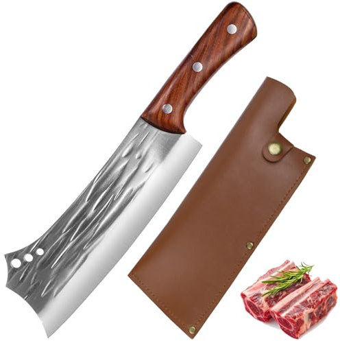 Fubinaty Professional Kitchen Knife 8 Inch Handmade Forged Full Tang Chopping Knife High Carbon Steel Cooking Knife for Chefs Bone Cutting with Sheath for Home and Restaurant