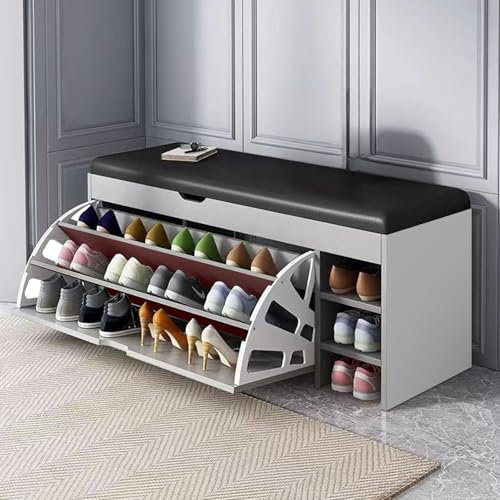 Shoe Bench With Flip Hidden Drawers And Top Cushion, Storage Modern Shoe Rack With Leather Cushion And 6 Compartments, Freestanding Open Shoe Cabinet For 15 Pairs Of Shoes For Entry Living Room