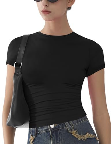 Womens Basic Short Sleeve Slim Fit T Shirts Soft Crewneck Crop Y2k Tees Summer Stretchy Cute Tops Black S