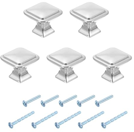 sourcing map 5Pcs Square Cabinet Knobs, 1.2 Inch Square Kitchen Cabinet Knob Zinc Alloy Drawer Knob Handle Pulls for Kitchen Cabinets Bedroom Dresser Wardrobe, Silver