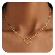 VIROMY Gold Necklace for Women 14K Gold Plated Heart Pendant Necklace Paper Clip Chain Dainty Cute Heart Jewelry for Women