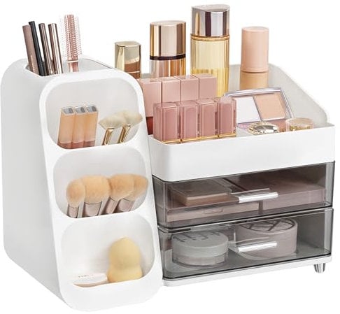 HBlife Makeup Kosmetik Organizer mit Schubladen, Pinsel Organizer, 3-in-1 Plastic Kosmetik Aufbewahrungsbox, Schmink Aufbewahrungskasten Große Lagerung Weiß+Grau