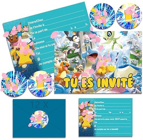 YOGARTH 12x Einladungskarten Kindergeburtstag mit Umschlag Französisch, Cartoon Einladungskarten Geburtstag Set, Geburtstagseinladungen Kinder für Themed Party (A6) (B)